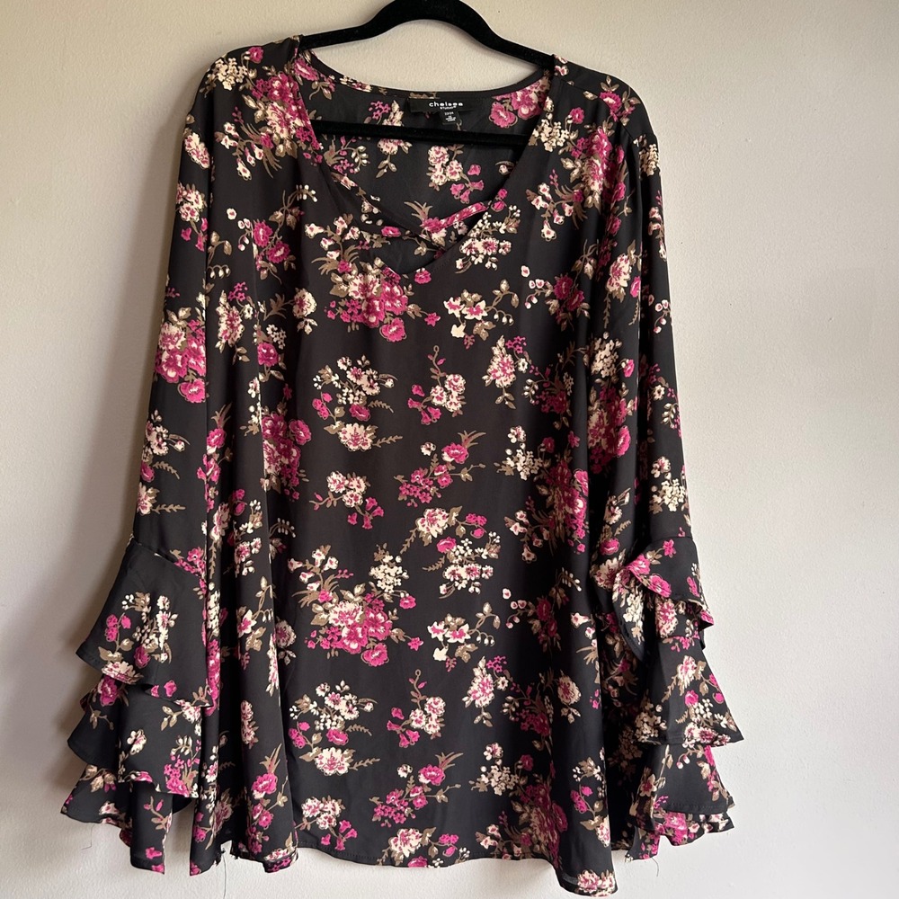 Chelsea Studio Womens 1X Black Pink Floral Ruffle Bell Sleeve Blouse 22/24